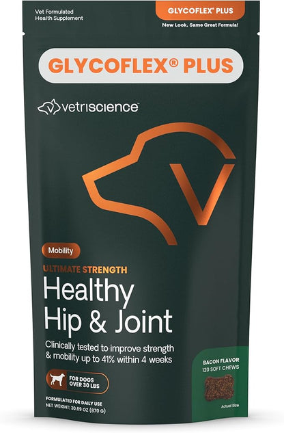 VetriScience GlycoFlex Ultimate Strength Healthy Hip &amp; Joint Glucosamine Supplements for Dogs, with MSM, Chondroitin &amp; Green-Lipped Mussel, Soft Chews, Bacon, 120 Count - New Look