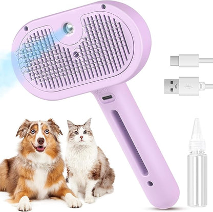3 in 1 Cat Steam Brush, Pet Spray Hair Removal Comb for Shedding &amp; Grooming, Water Brush for Cats Dogs Small Animals Long Short Haired with One-Click Release Button(Purple)