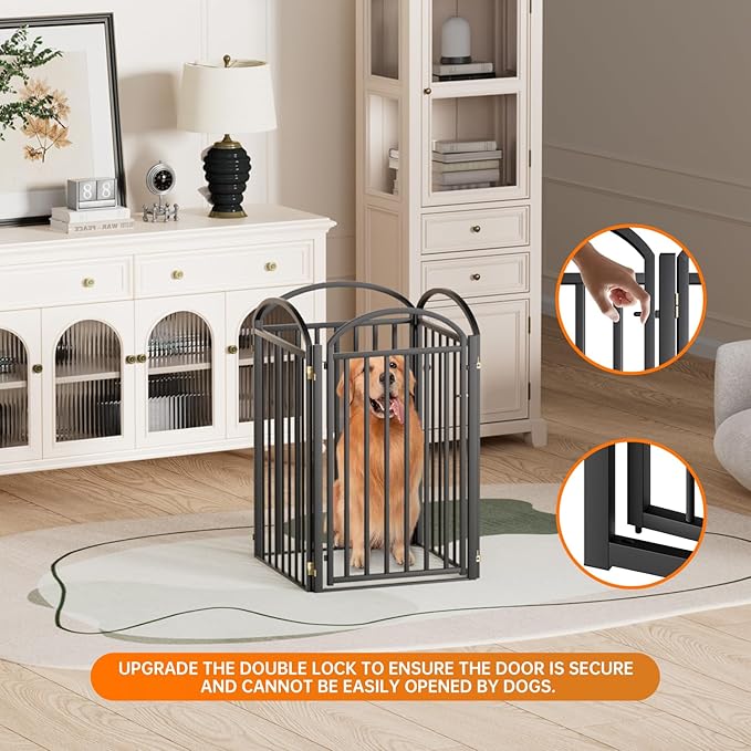 4 Panles Full Matel Freestanding Dog Gates with Door, 96"Extra Wide 36"Tall Free Standing Dog Pet Gate for Indoor &amp; Outdoor. Foldable Pet Fences for Doorways, House, Stairs, Porch, Deck, Yard