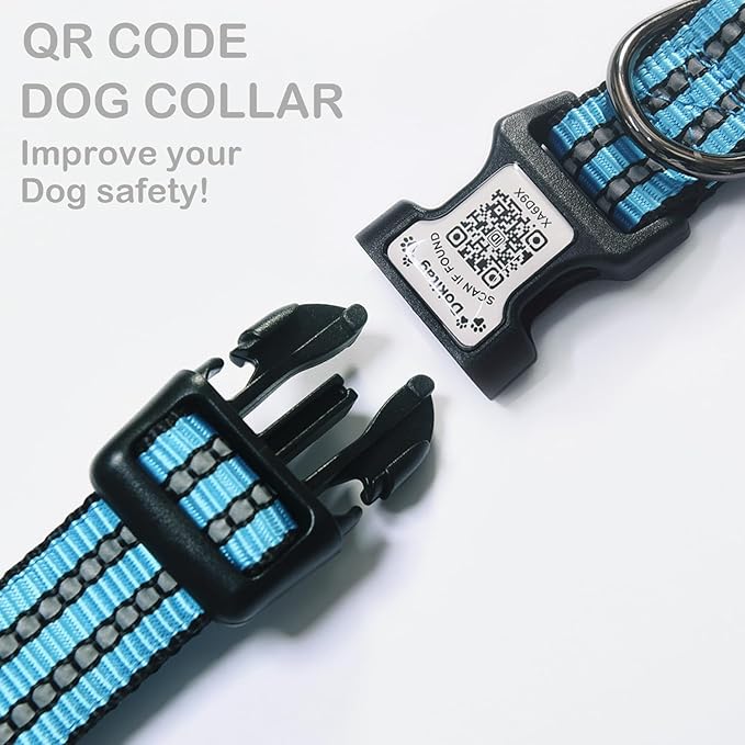 Reflective Dog Collar with Apple AirTag Holder &amp; QR Code Pet ID Tag,Soft Nylon Adjustable Dog Tracker Collar with Safety Lock for Medium Dogs(Blue, M)