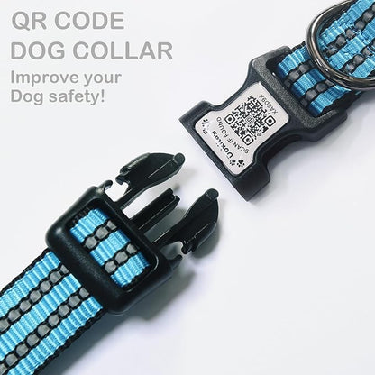 Reflective Dog Collar with Apple AirTag Holder &amp; QR Code Pet ID Tag,Soft Nylon Adjustable Dog Tracker Collar with Safety Lock for Medium Dogs(Blue, M)