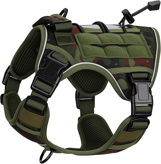 Heavy-Duty Tactical Dog Harness for Large Dogs, No Pull Adjustable Reflective Pet Vest with Molle System, K9 Military-Grade Control for Service Training, Outdoor &amp; 10+ Breeds, Green Camo, Small