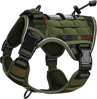Heavy-Duty Tactical Dog Harness for Large Dogs, No Pull Adjustable Reflective Pet Vest with Molle System, K9 Military-Grade Control for Service Training, Outdoor &amp; 10+ Breeds, Green Camo, Small