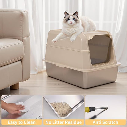 Stainless Steel Litter Box with Lid, XL Extra Large Cat Litter Box, Enclosed Metal Litter Pan with High Sided Enclosure &amp; Scoop, Anti Leakage, Easy to Clean, Odor Control(Khaki)