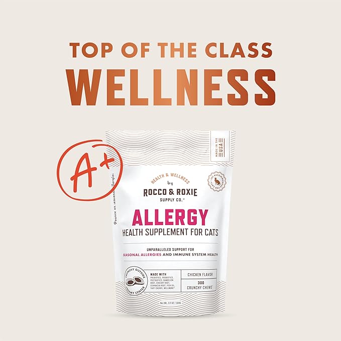 Rocco &amp; Roxie Allergy Relief for Cats, Cat Supplements &amp; Vitamins, Probiotics to Support Gut Health, Fish Oil for Skin, Sneezing and Itching from Seasonal Allergies, Tart Cherry Immune System Support