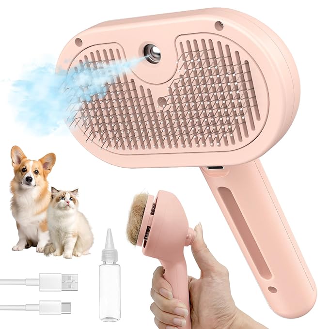 3-in-1 Self-Cleaning Steam Brush - Anti-Static, for Grooming Long &amp; Short Pet Hair, Reduces Shedding, Pink