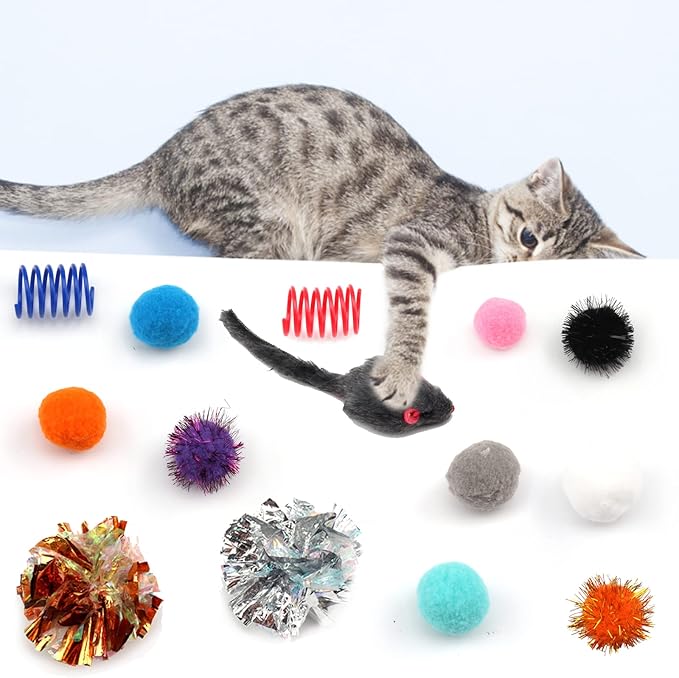 60 Pack Cat Toys - Assorted Kitten, Mouse, Crinkle &amp; Pom Pom Balls