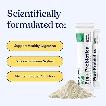 Honest Paws Probiotics for Dogs - Digestive &amp; Immune Support Powder with Prebiotic Made in The USA, Chicken Flavor (30 Sticks)