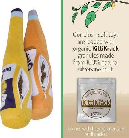 KittiForti 2-Pack Organic Silvervine Catnip Substitute Toys for Cats &amp; Kittens | 100% All-Natural Wild Harvested Silvervine | 2 Refillable Beer Bottle Kicker Cat Toys