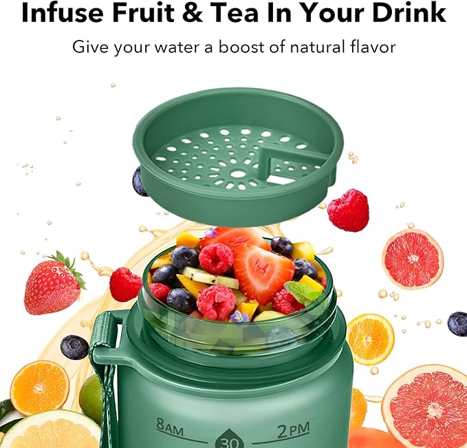 32oz Motivational Water Bottles with Time Marker &amp; Fruit Strainer, Transparent Gradient Color Water Bottle with Times to Drink, Leakproof &amp; BPA Free, Reusable Bottle with Strap (No Straw)