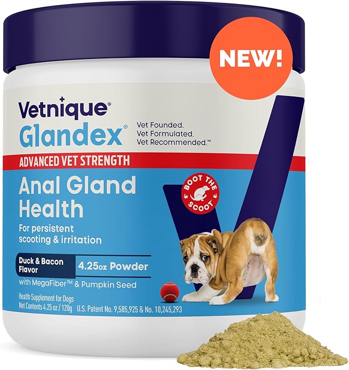 Glandex Dog Fiber Supplement Powder for Anal Glands with Pumpkin, Digestive Enzymes &amp; Probiotics - (Regular or Advanced Strength) - Boot The Scoot (4.25 oz, Advanced Strength Duck &amp; Bacon)