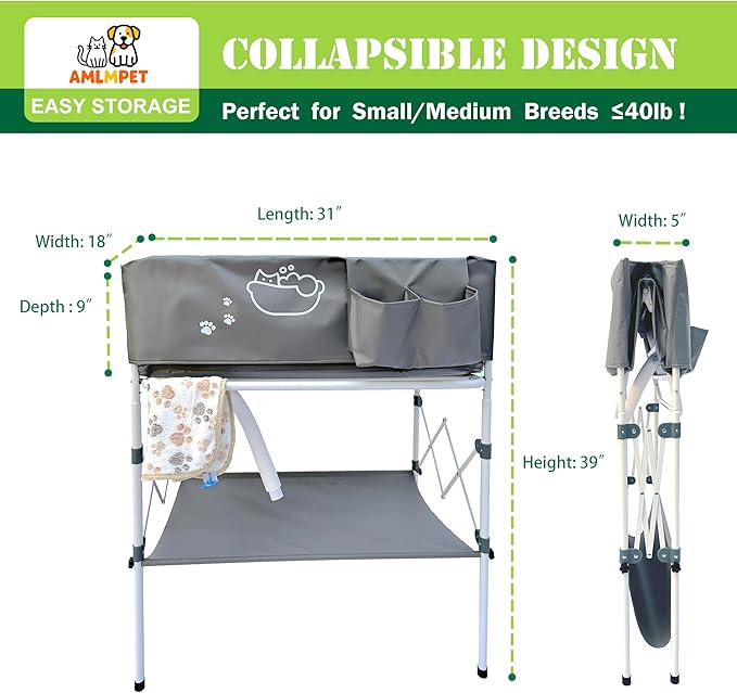 Elevated Dog Bathtub, Portable Dog Washing Station for Home with Towel Bar &amp; Storage, Folding Pet Bath Tub for Small &amp; Medium Dogs