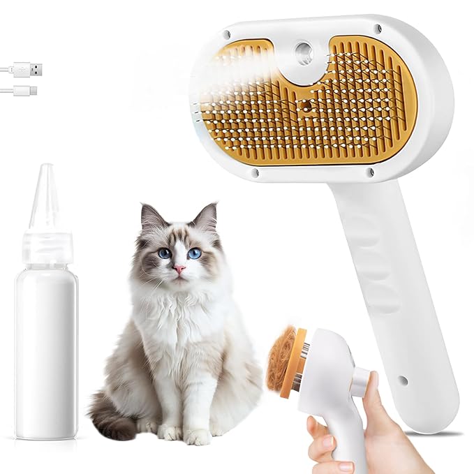 Cat Steam Brush, Pet Steam Brush for Cat &amp; Dog, Mist Spray Comb, Spritz Defur Tool, Water Grooming Kit, Dog Hair Removal Steam Cleaner with Release Button