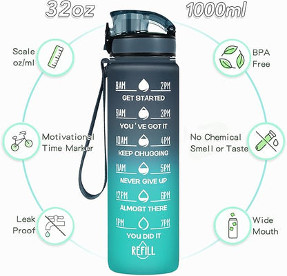 Enerbone Water Bottle, Leakproof BPA &amp; Toxic Free, Motivational Water Bottle with Times to Drink and Straw, Fitness Sports Water Bottle with Strap for Office, Gym, Outdoor Sports