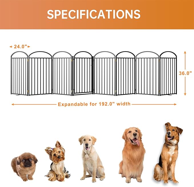 8 Panles Full Matel Freestanding Dog Gates with Door, 192"Extra Wide 36"Tall Free Standing Dog Pet Gate for Indoor &amp; Outdoor. Foldable Pet Fences for Doorways, House, Stairs, Porch, Deck, Yard