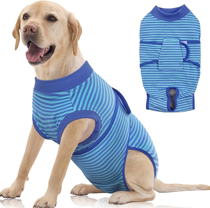 FUAMEY Recovery Suit for Dogs After Surgery,Soft Breathable Dog Bodysuit E-Collar &amp; Cone Alternative Surgical Suit,Male Female Dog Neuter Spay Suits Anti Licking Wounds Onesie Navy Blue Strips XL