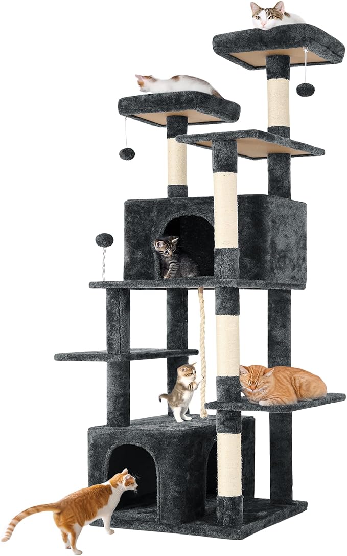 69in Large Cat Tree Tower for Indoor Cats with Soft Plush Hang Ball, Two Condos, Sisal Scratch Posts &amp; Rope Play for Kittens/Adult Cats, Deep Grey
