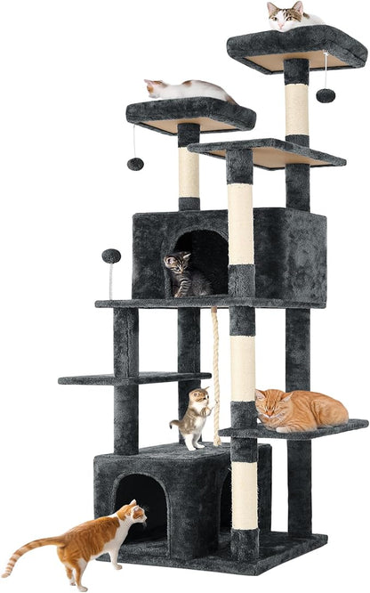 69in Large Cat Tree Tower for Indoor Cats with Soft Plush Hang Ball, Two Condos, Sisal Scratch Posts &amp; Rope Play for Kittens/Adult Cats, Deep Grey