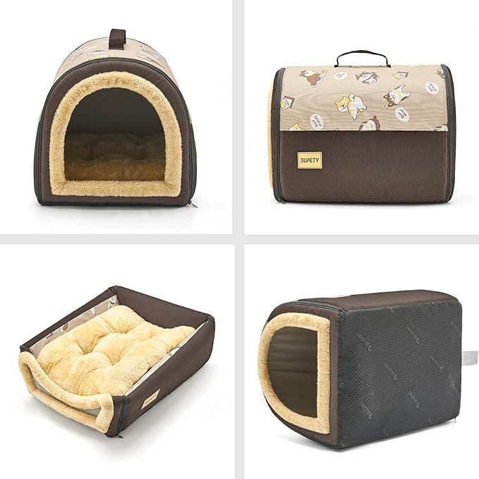 Jiupety Indoor Dog House, 2 in 1 Portable Foldable House Bed with Cover, Pet Tent &amp; Cave Bed for Cats and Small Dogs, M(18"×14"×13"), Up to 9 Lb, Brown