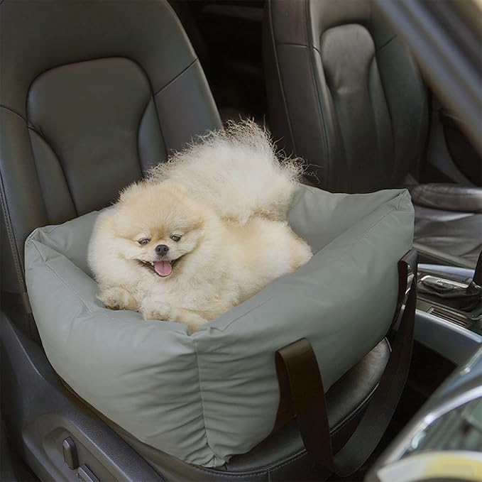 Dog Car Seat for Small Dogs, Large Leather Dog Car Bed with Storage Pocket, Waterproof PVC Leather Booster Seat Travel Bed for Front &amp; Back Seat, Clip-On Safety Leash (Grey)