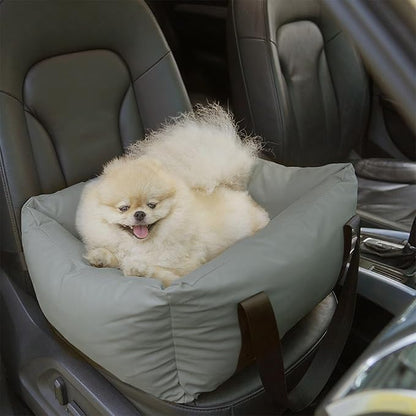 Dog Car Seat for Small Dogs, Large Leather Dog Car Bed with Storage Pocket, Waterproof PVC Leather Booster Seat Travel Bed for Front &amp; Back Seat, Clip-On Safety Leash (Grey)