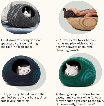 MEOWFIA Cat Cave – Premium Felt Cat Bed for Indoor Cats, Handmade 100% Merino Wool (Medium, Black Aqua)