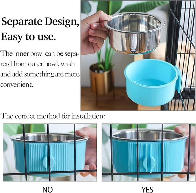 kathson Crate Dog Bowl 2pcs, Removable Stainless Steel Hanging Pet Kennel Cage Bowl Food &amp; Water Feeder Coop Cup for Puppy, Cat, Rabbit,Guinea Pigs Large (Blue,Green)