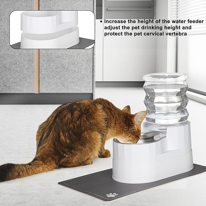 Sfozstra Automatic Gravity Water Dispenser: 5L White Stainless Steel Pet Bowl Waterer with Waterproof Pad - Raised Edge Water Feeder for Cats &amp; Small Dogs Indoor/Outdoor