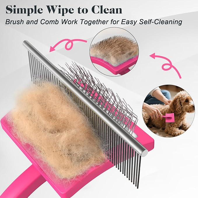 2PCS Slicker Brush for Dogs &amp; Pet Comb,Professional Dog Grooming Brush (Goldendoodles,Poodles,Labradoodles) with Extra Long Pins to Effectively Remove Tangles, Knots and Mats (Pink)