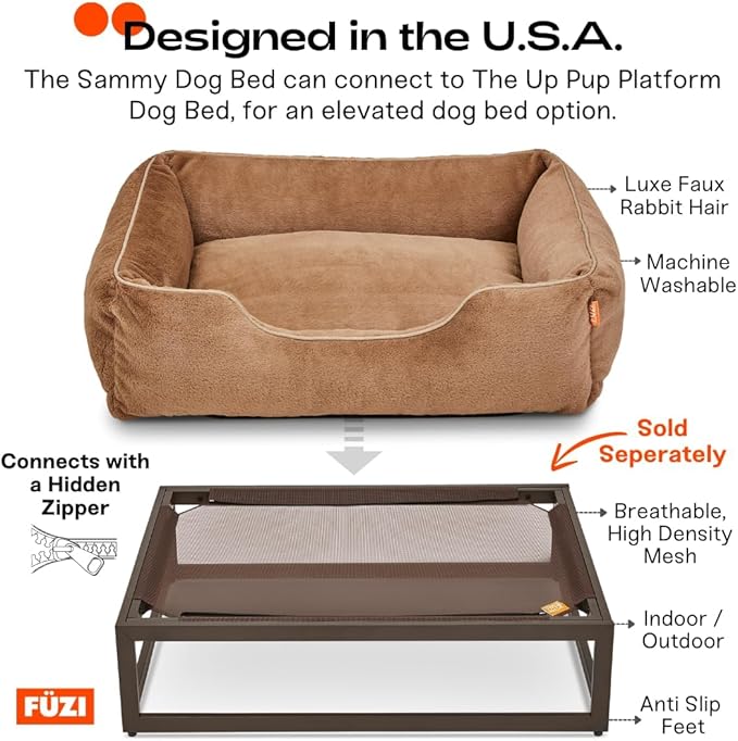 FUZI Luxury Aesthetic Dog Bed with Extra Cover for Medium Dogs, Washable Pet Couch, Pet Bed with Sides, Non-Slip Bottom, Soft &amp; Durable Calming Bed, Faux Rabbit Fur, Medium 31.75x23.6x9.5 Light Brown
