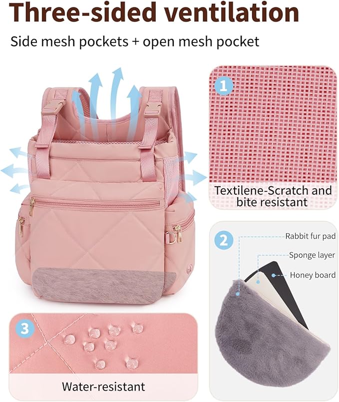 OFY Cat Carrier Puffy Backpack Breathable Small Dog Front Backpack Large Space for Small Dogs, Drawstring &amp; Water-Resisant Pet Bag for Travel Hiking, Lotus Pink Patent Pending