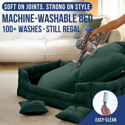 Luxury Dog Bed Chesterfield – Handcrafted Velvet Throne for Dogs | Joint Support, Calming &amp; Temp-Regulating Comfort | Durable 5+ Years, Anti-Claw, Washable 100+ Times – XL, Green