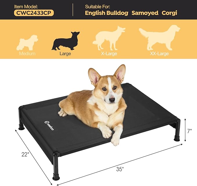 Veehoo Cooling Outdoor Dog Bed, Heavy Duty Elevated Pet Bed with Washable &amp; Breathable Teslin Mesh, Non-Slip Silicon Feet, Dog Cot Bed with Support Hem, 35" x 22", Black, CWC2433