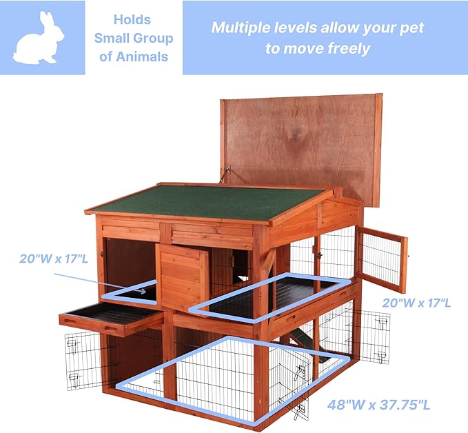 TRIXIE natura Outdoor Deluxe Rabbit Hutch with Run - Large 2-Story Rabbit Cage with Non-Slip Ramp - Elevated Small Animal House with Secure Playpen, Hinged Roof &amp; Two Pull-Out Trays - in Natural