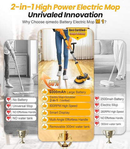 qimedo 6000mAh Battery Electric Mop M1, 800RPM Cordless Electric Power Scrubber &amp; Mops for Floor Cleaning, Best Automatic Spin Mops with Smart Display,Rotating Mop with LED Light &amp; Water Spray