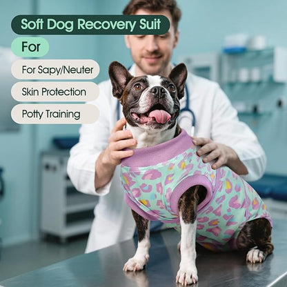 Kuoser Dog Recovery Suit for Dogs After Surgery,Professional Surgical Onesie for Female Male Dogs Spay Neuter,Soft Dog Surgery Suit Bodysuit for Abdominal Wounds Skin Disease,Light Purple Leopard XS