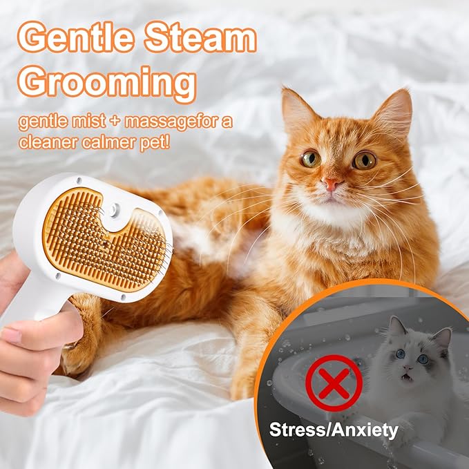 Cat Steam Brush, Pet Steam Brush for Cat &amp; Dog, Mist Spray Comb, Spritz Defur Tool, Water Grooming Kit, Dog Hair Removal Steam Cleaner with Release Button Contains 1*Shampoo, Dental Wipes