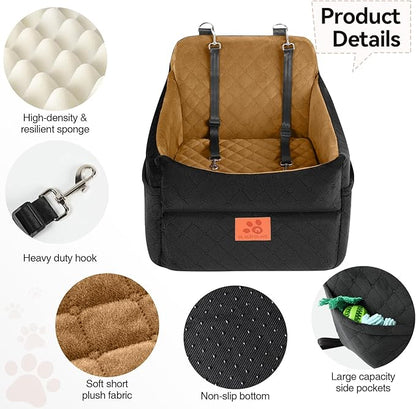Dog Car Seat for Small/Medium Dogs, Dog Booster Car Seats with Thick Cushion for Dogs Under 35lbs, Detachable Washable Pet Car Seat with Storage Pockets, 2 Safety Belts(Black/Coffee)