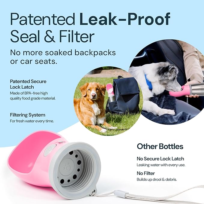 MalsiPree Insulated Dog Water Bottle - 24 Oz, Pink - Leak-Proof Stainless Steel Portable Travel Dispenser &amp; Bowl
