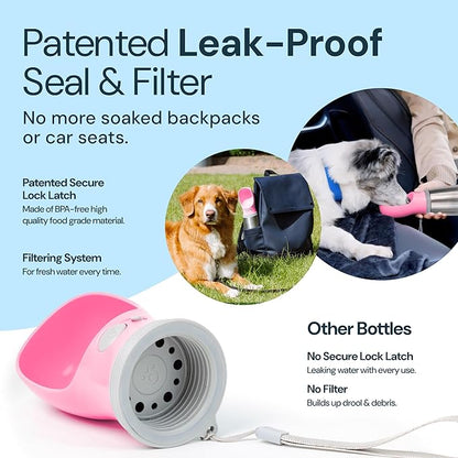 MalsiPree Insulated Dog Water Bottle - 24 Oz, Pink - Leak-Proof Stainless Steel Portable Travel Dispenser &amp; Bowl