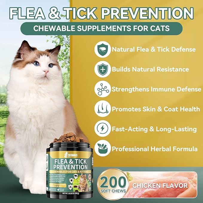 Natural Flea Treatment for Cats Chewables, 200 Soft Treats Flea and Tick Prevention for Cats, Oral Flea Supplement for Kitten Cat, Cat Flea and Tick Treatment, Skin &amp; Coat Support - All Breeds &amp; Ages