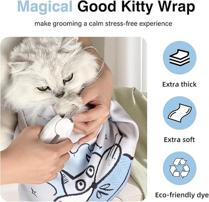 Cat Grooming Wrap: Premium Cat Wrap for Cutting Nails 2025 Thicker Upgraded, Self-Adherent Texture Hand Pocket Designed for Anti-Bite/Scratch, Eco-Friendly Dyed Funny Instruction &amp; Pattern (Size L)