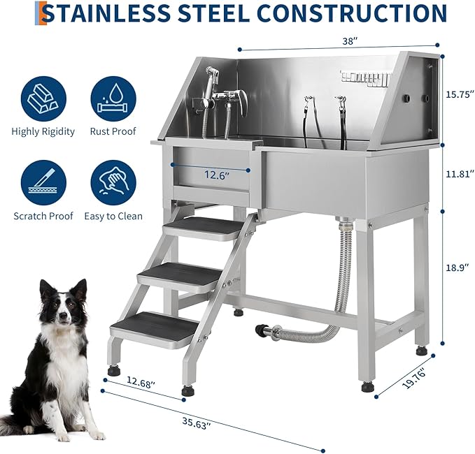 Stainless Steel Dog Washing Station - Dog Bath Tub for Large, Medium, Small Dogs, Pet Grooming Tub with Ramp, Non-Slip Grate, Shower, Soap Box, Faucet, Drain for Home &amp; Outdoor （Left RAMP, 38"）