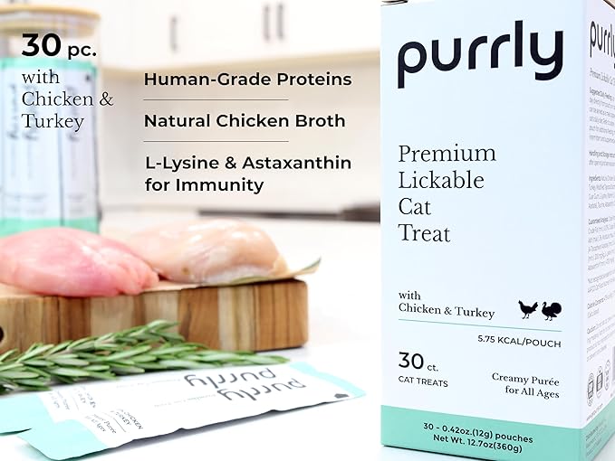 Purrly Interactive Lickable Cat Treats Low Calorie Human-Grade Chicken Breast &amp; Turkey with L-Lysine &amp; Astaxanthin for Immunity (30 Count) Non-Seafood Hydrating BPA-Free for All Ages