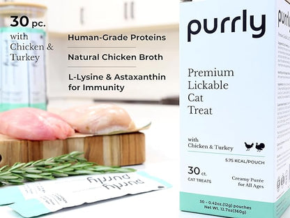 Purrly Interactive Lickable Cat Treats Low Calorie Human-Grade Chicken Breast &amp; Turkey with L-Lysine &amp; Astaxanthin for Immunity (30 Count) Non-Seafood Hydrating BPA-Free for All Ages