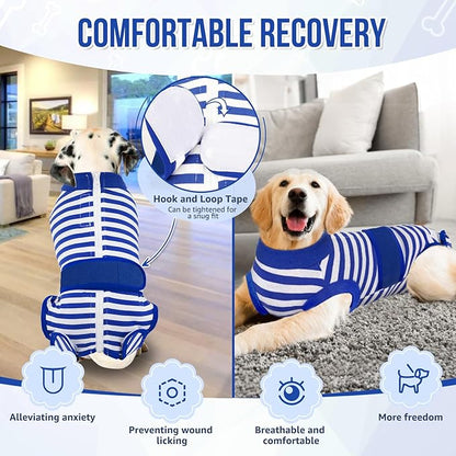 Lukovee Recovery Suit for Dogs, Zipper On Recovery Suit for Female Male Dog, Onesie Abdominal Wounds Cone E-Collar Alternative Prevent Licking Spay Recovery Suit (Large, Blue &amp; White)