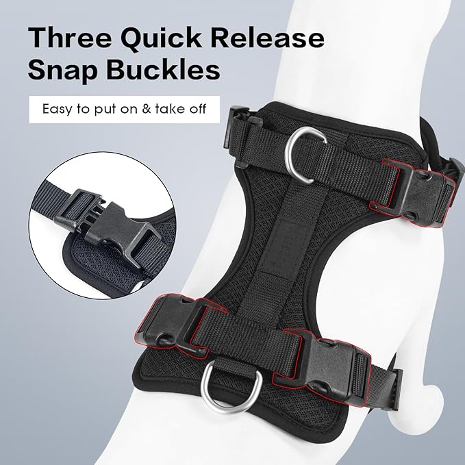 Wisedog Mesh Breathable Dog Harness: No Pull Harness with 3 Fast-Release Buckles Adjustable for Walking &amp; Training for Small Medium Large Dogs (Black, L: Neck=20"-25"/Chest=17"-33")