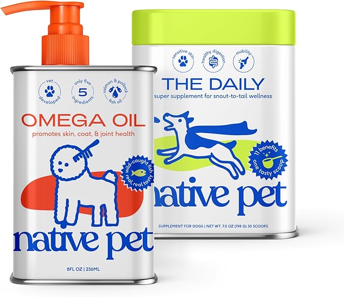 Native Pet Pack Leaders Bundle - Daily Dog Multivitamin (7 oz.) &amp; Omega Oil for Dogs (8 oz.) - Omega 3 Fish Oil for Healthy Skin, Shiny Coat, &amp; Strong Joints &amp; Daily Multivitamin for Dogs