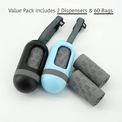 SVD.PET [2-Pack] Retractable Waste Bag Dispensers Gift Set, 2 Pet Waste Bag Holders with 60 large Waste Bags, Dog Walking Accessory Gift Value Pack (Black &amp; Columbia Blue)