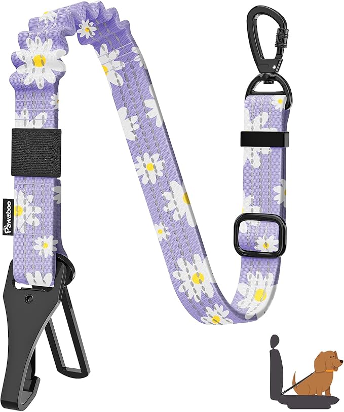 Pawaboo Dog Seatbelt for Car, Dog Seat Belt Bungee, Shockproof Dogs Tether for Car with Buckle &amp; Hook Latch, Adjustable Reflective Dogs Cars Harness Leash with 360° Lockable Buckle, Light Purple